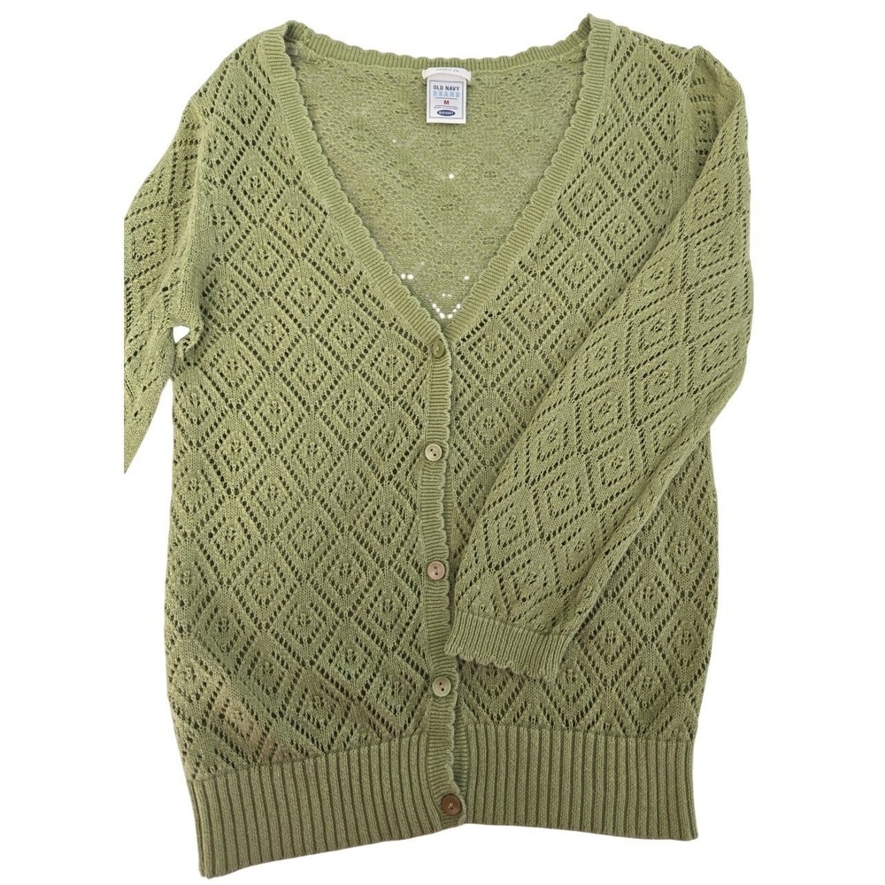Old Navy Open Knit Cardigan‎ Women's Sz M Ramie Cotton Button Up Sweater Green